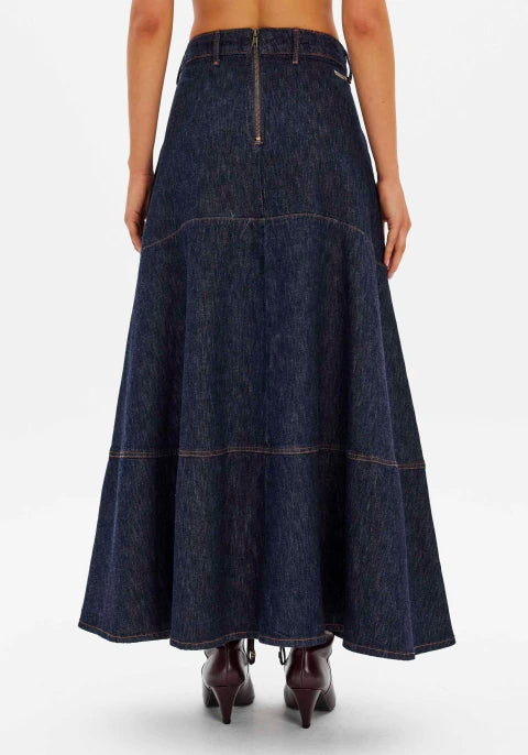 Saia Jeans Super Midi Cintura Alta com Zíper Atrás