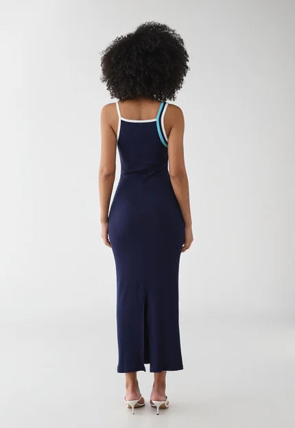 Vestido Canelado De Alças Super Midi Azul Marinho