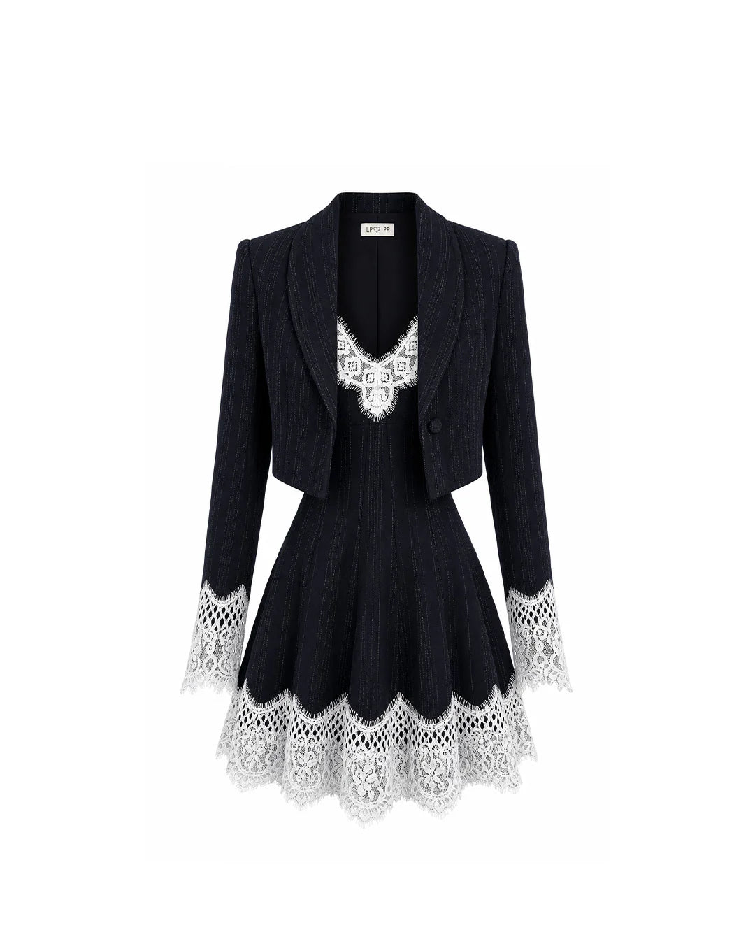 Vestido Curto com Casaco Risca De Giz e Renda Affair