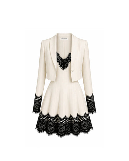 Vestido Curto com Casaco Risca De Giz e Renda Love