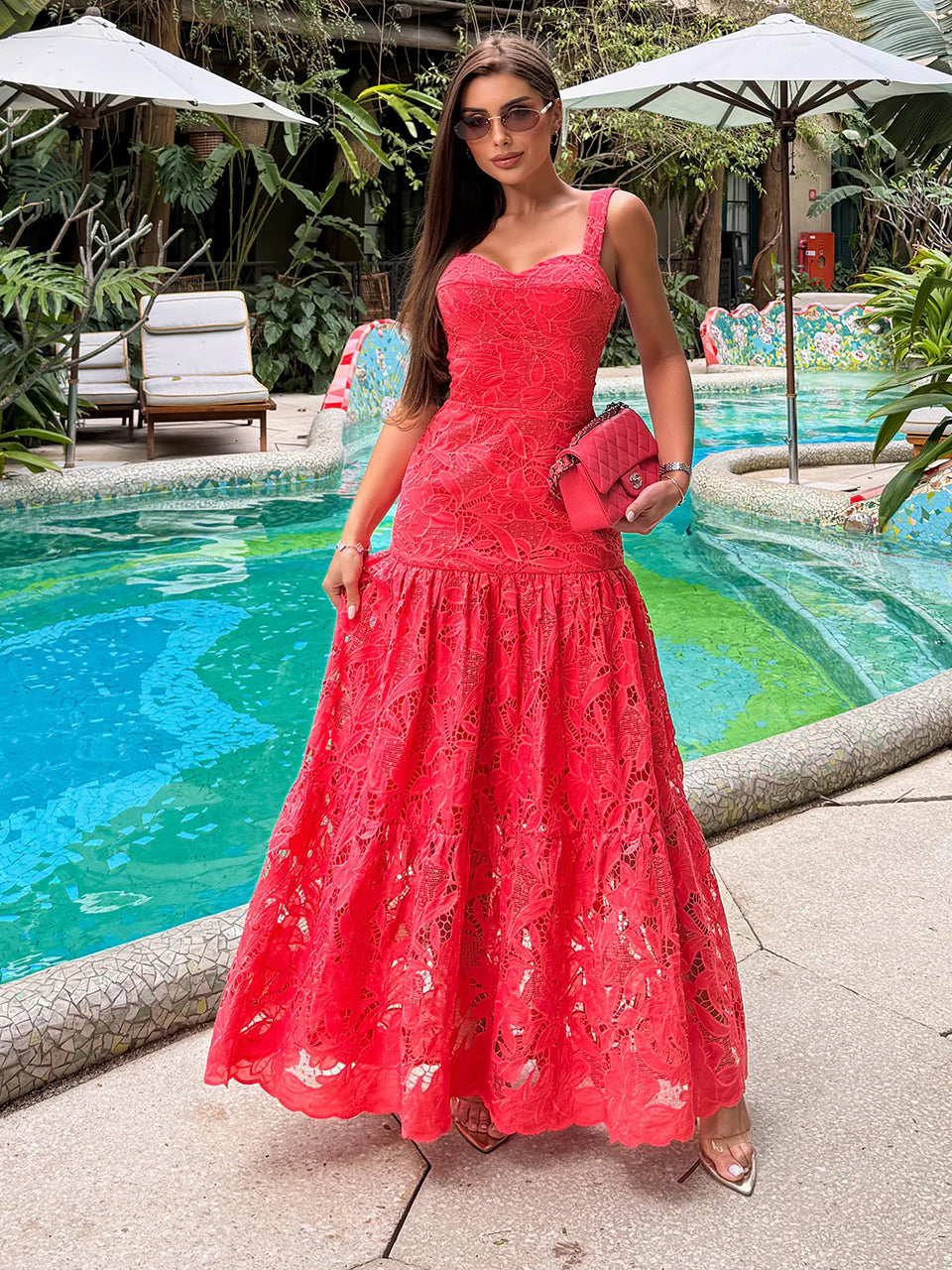Vestido Maxi Midi de Renda Vermelha Fresh Fiorella