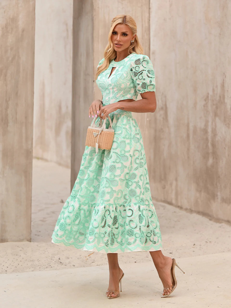 Vestido Midi em Laise Verde Menta Fresh Verde Mare