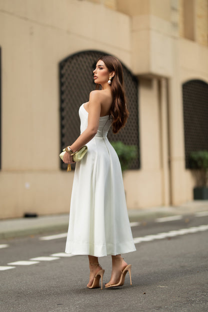 Vestido Midi de Um Ombro Só com Laço e Saia Evasê