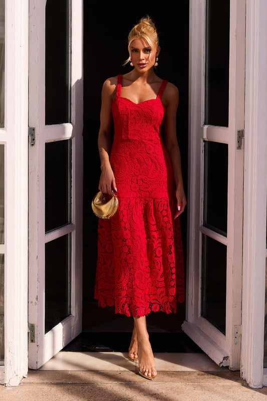 Vestido midi de renda Glow Vermelho