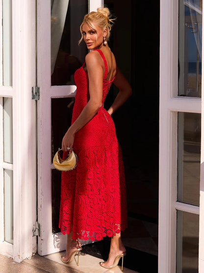 Vestido midi de renda Glow Vermelho