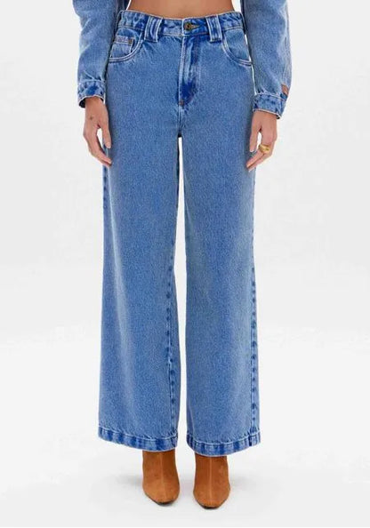 Calça Jeans Wide Leg Com Bolsos
