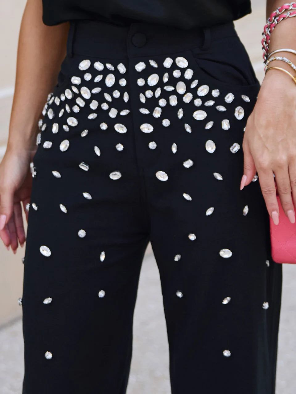 Calça Jewellery Wide Leg Preta Bordada com Pedrarias