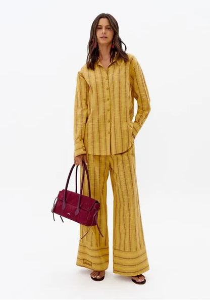 Calça Wide Leg Listrada De Algodão