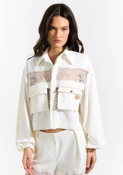 Camisa Manga Longa Com Renda - Off White