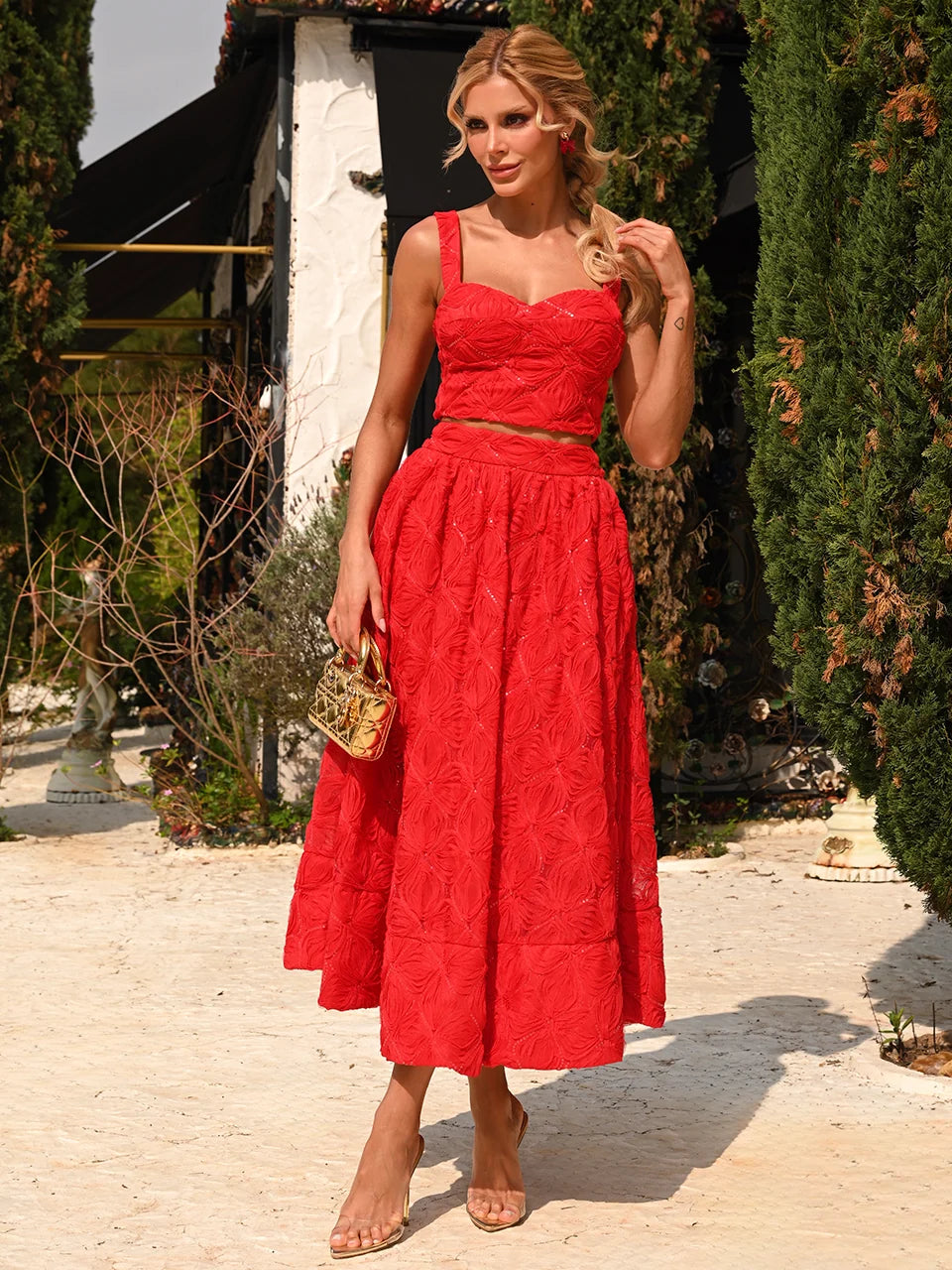 Conjunto Briana Midi Vermelho em Tule Bordado com Paetês