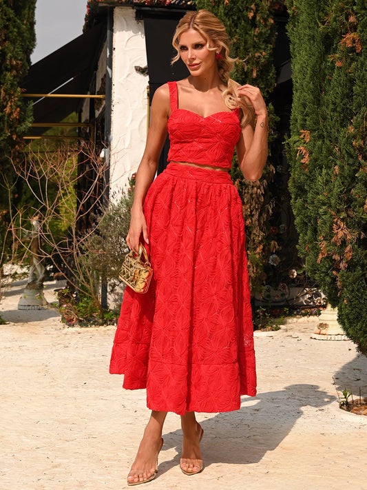 Conjunto Briana Midi Vermelho em Tule Bordado com Paetês