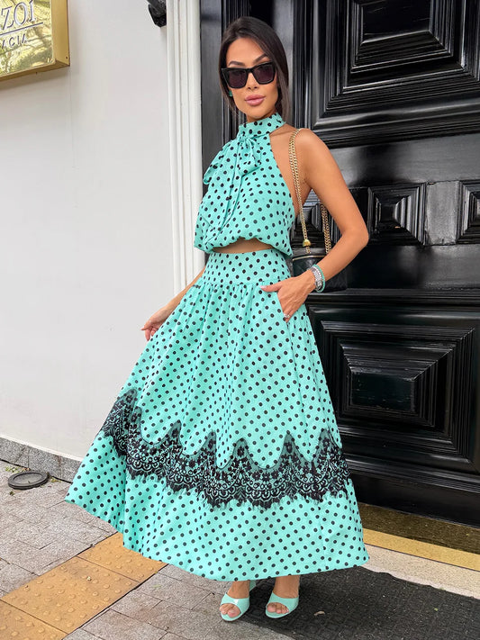 Conjunto Brisa de Crepe Premium com Textura de Linho e Renda Chantilly Poá Verde