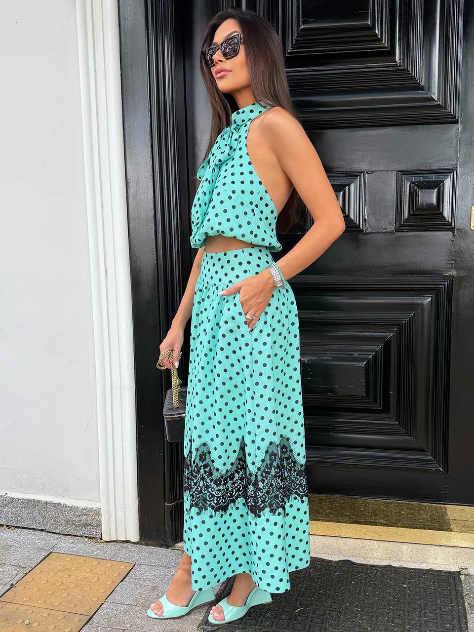 Conjunto Brisa de Crepe Premium com Textura de Linho e Renda Chantilly Poá Verde