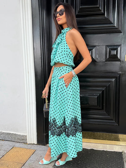 Conjunto Brisa de Crepe Premium com Textura de Linho e Renda Chantilly Poá Verde