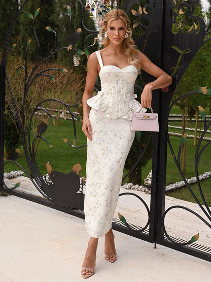 Conjunto Dahlia Midi Off-White Floral em Crepe Premium
