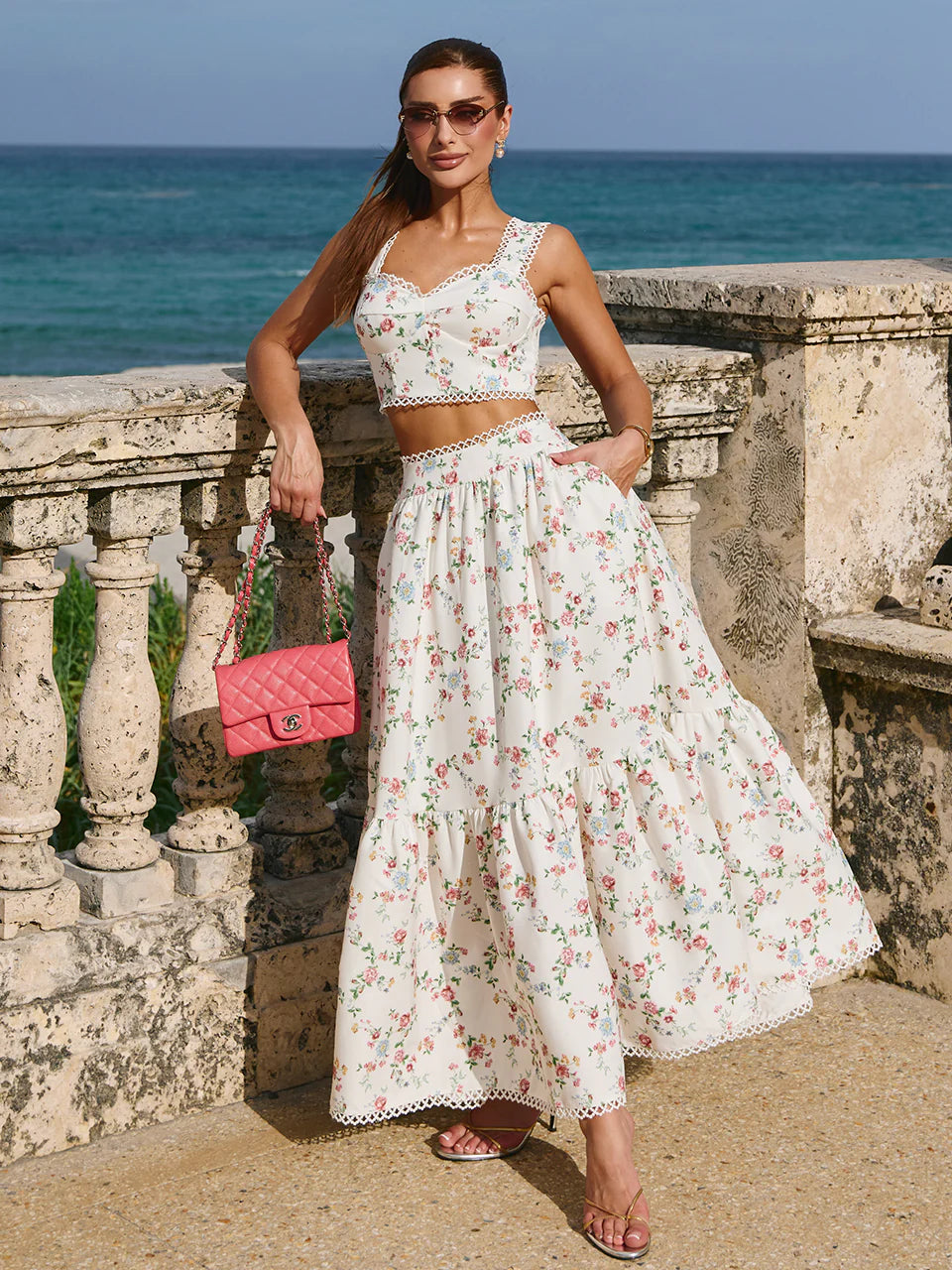 Conjunto Fleur Midi Floral com Bolsos Faca