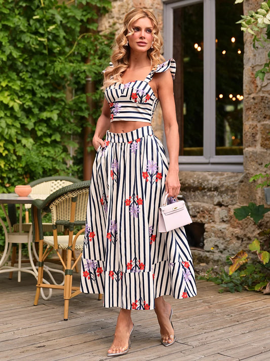 Conjunto Sailor Blossom Cropped e Saia Midi de Tricoline Bordada Navy Floral
