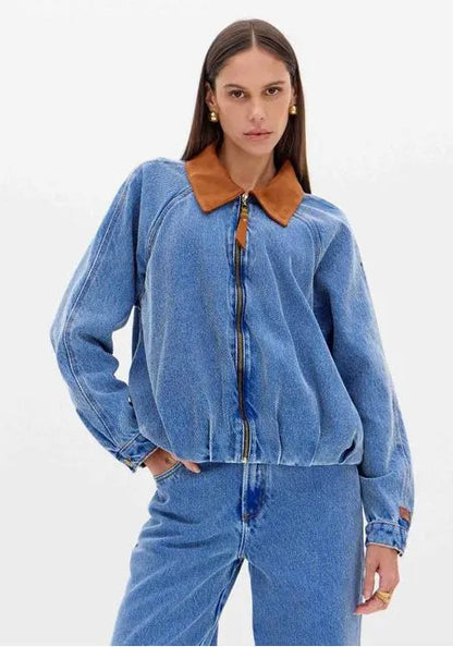 Jaqueta Jeans Bomber Com Gola