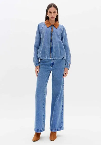 Jaqueta Jeans Bomber Com Gola
