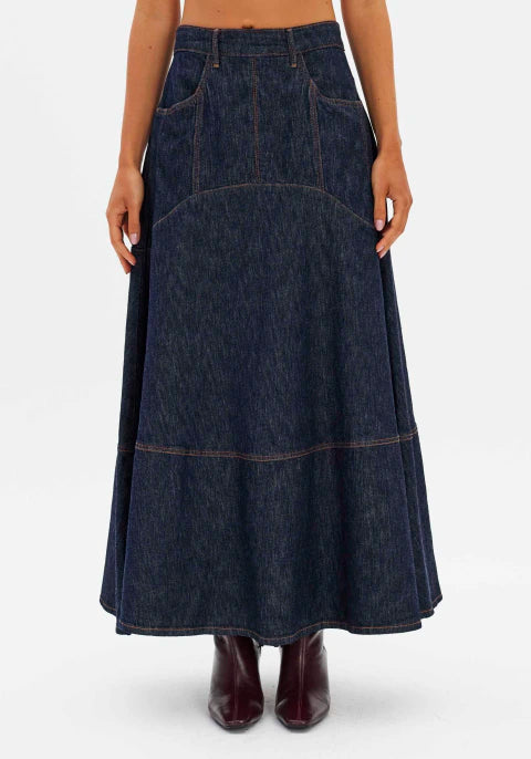 Saia Jeans Super Midi Cintura Alta com Zíper Atrás