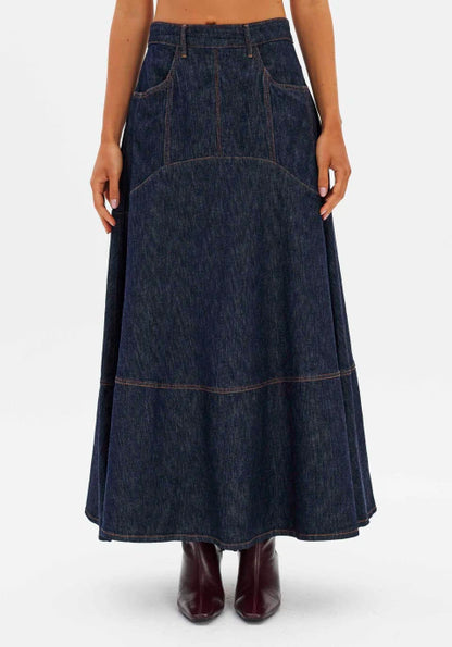 Saia Jeans Super Midi Cintura Alta com Zíper Atrás