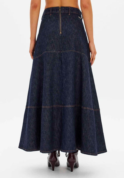 Saia Jeans Super Midi Cintura Alta com Zíper Atrás