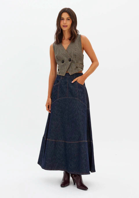 Saia Jeans Super Midi Cintura Alta com Zíper Atrás