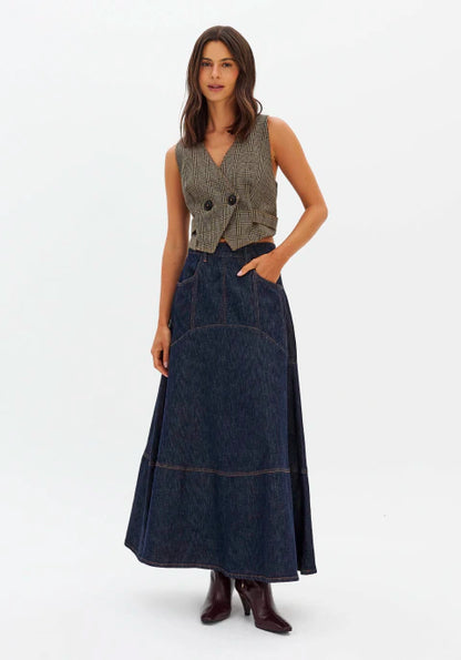Saia Jeans Super Midi Cintura Alta com Zíper Atrás
