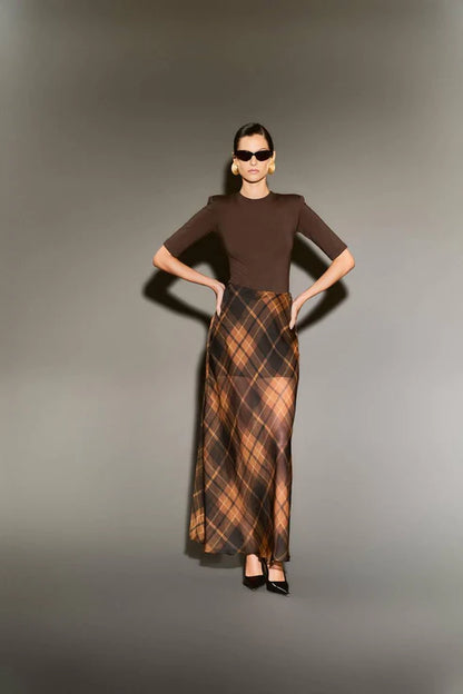 Saia Voil Estampada - Xadrez Camel