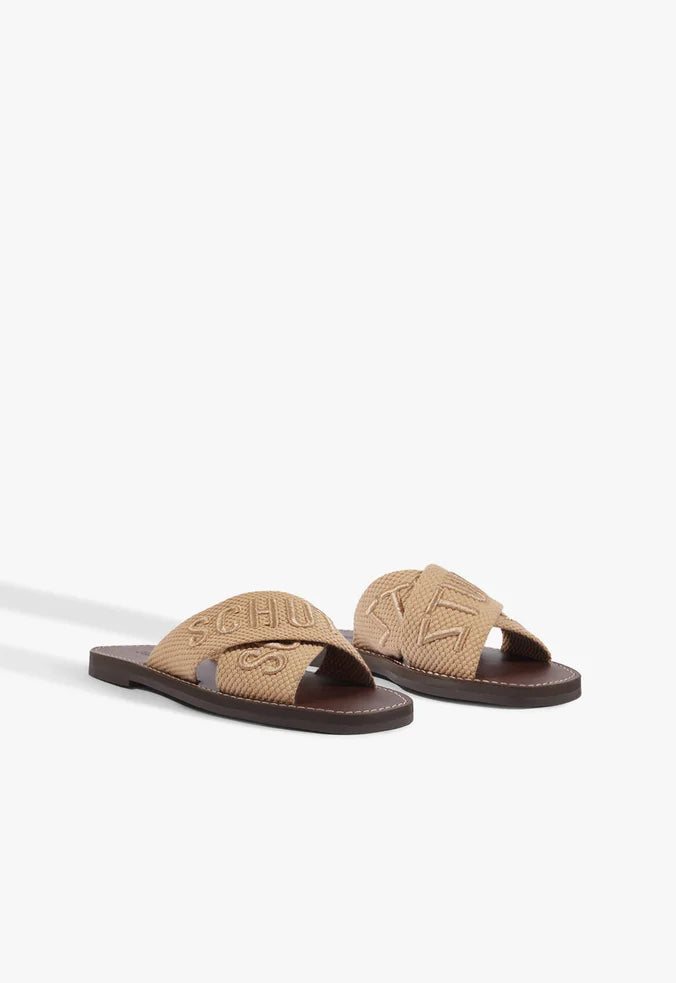 Sandália Rasteira X Schutz Bege Logo Marrom