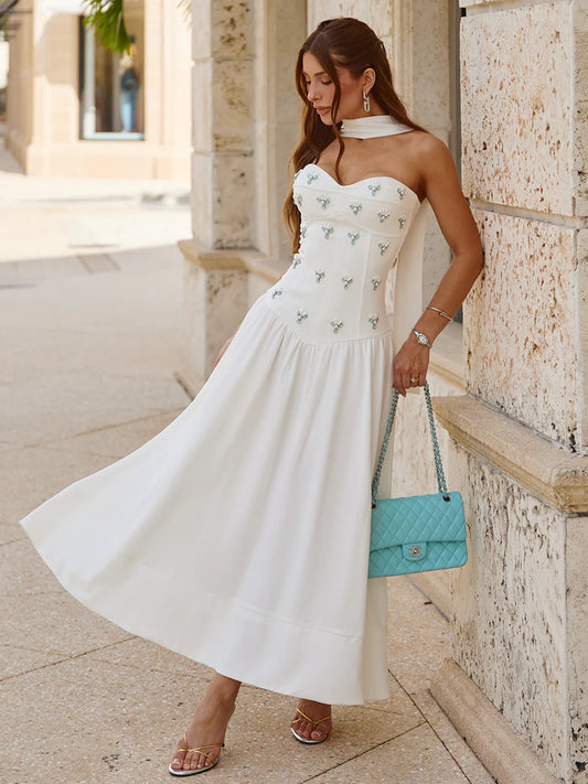 Vestido Aquamarine Midi Off White Decote Coração com Faixa