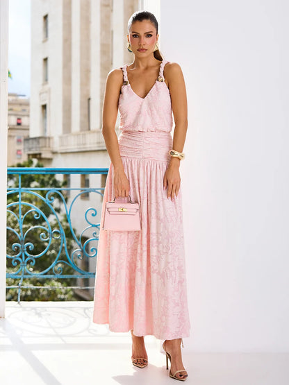 Vestido Ballet Rose Midi em Malha Texturizada Rosa Candy