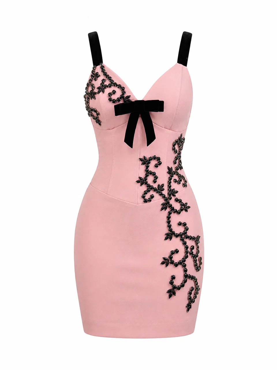 Vestido Bellarosa Curto em Crepe Rosa Chá com Bordados Manuais