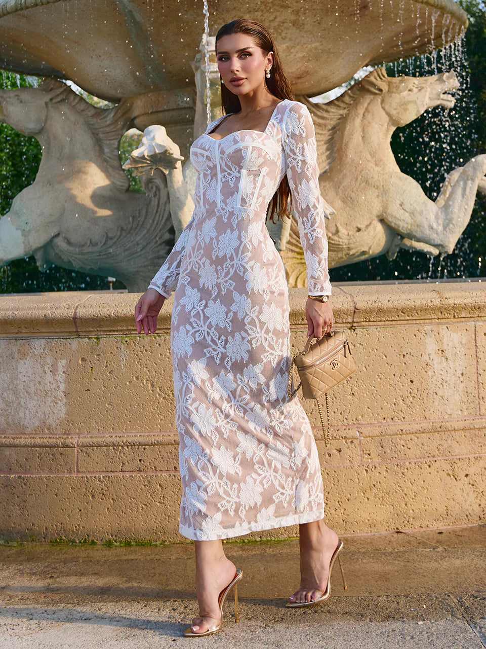 Vestido Bianca Midi de Renda Off White com Nude