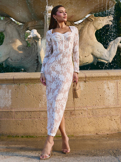 Vestido Bianca Midi de Renda Off White com Nude
