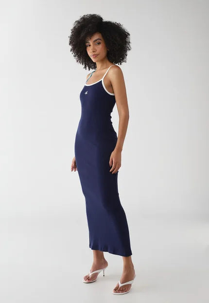Vestido Canelado De Alças Super Midi Azul Marinho