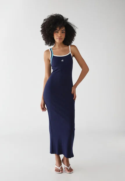 Vestido Canelado De Alças Super Midi Azul Marinho