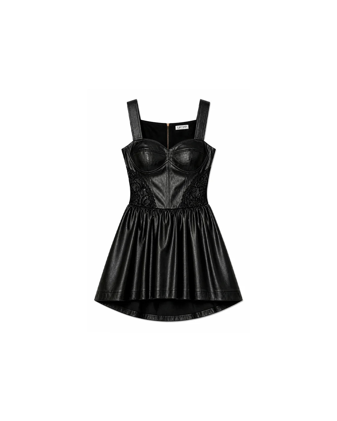 Vestido Curto de Couro Preto Com Renda Romance