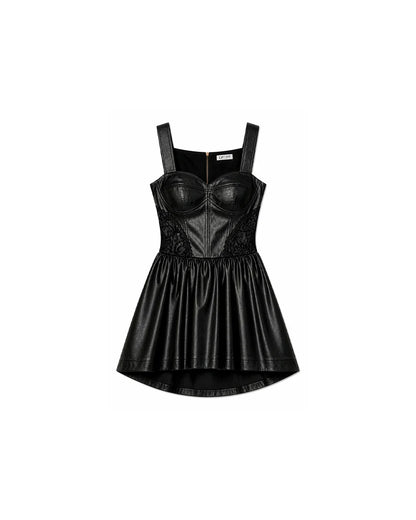 Vestido Curto de Couro Preto Com Renda Romance