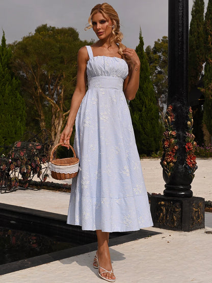 Vestido Daphne Midi Listrado Azul com Bordados