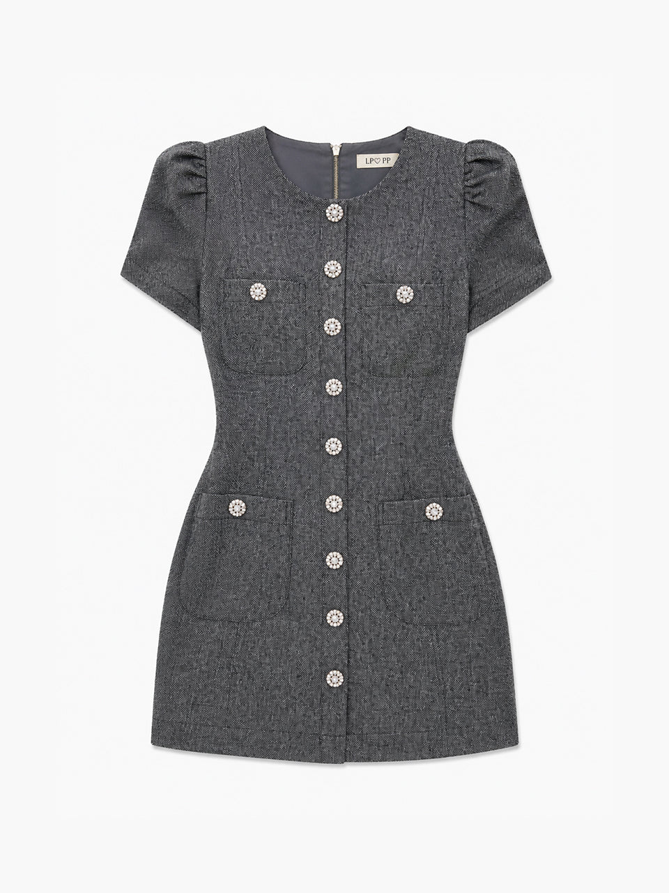 Vestido Dover Curto Tweed Cinza com Botões