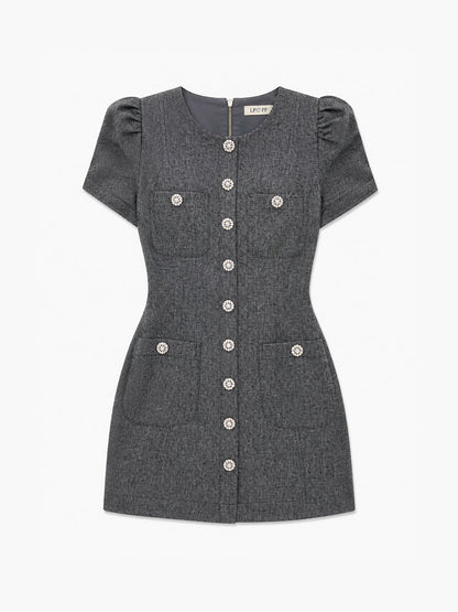 Vestido Dover Curto Tweed Cinza com Botões
