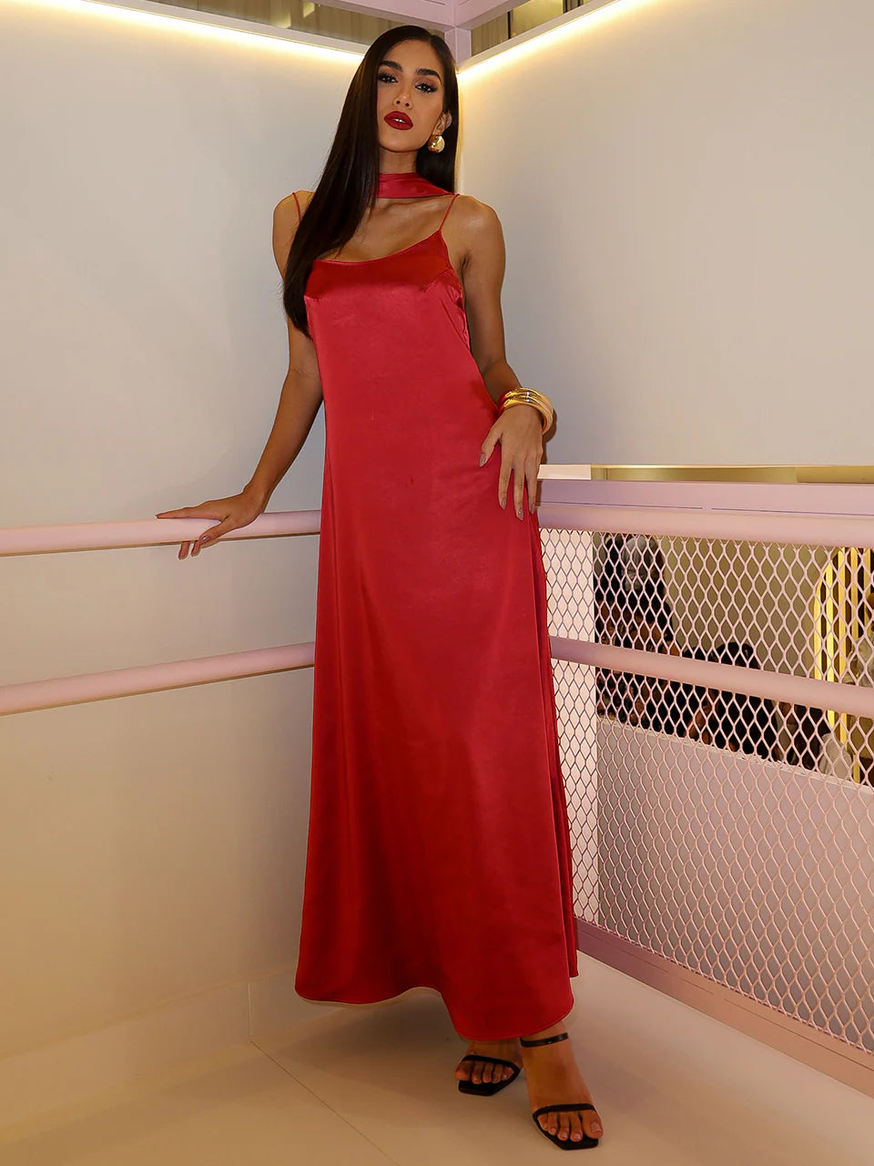 Vestido Fitzgerald Longo Slip Dress em Acetinado Gloss