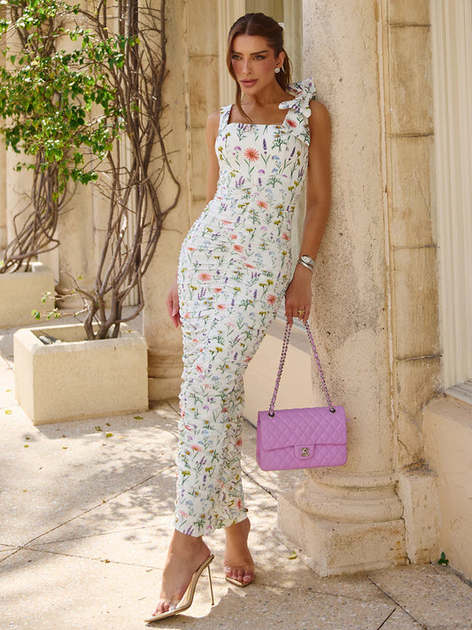 Vestido Giardino Midi Floral Drapeado