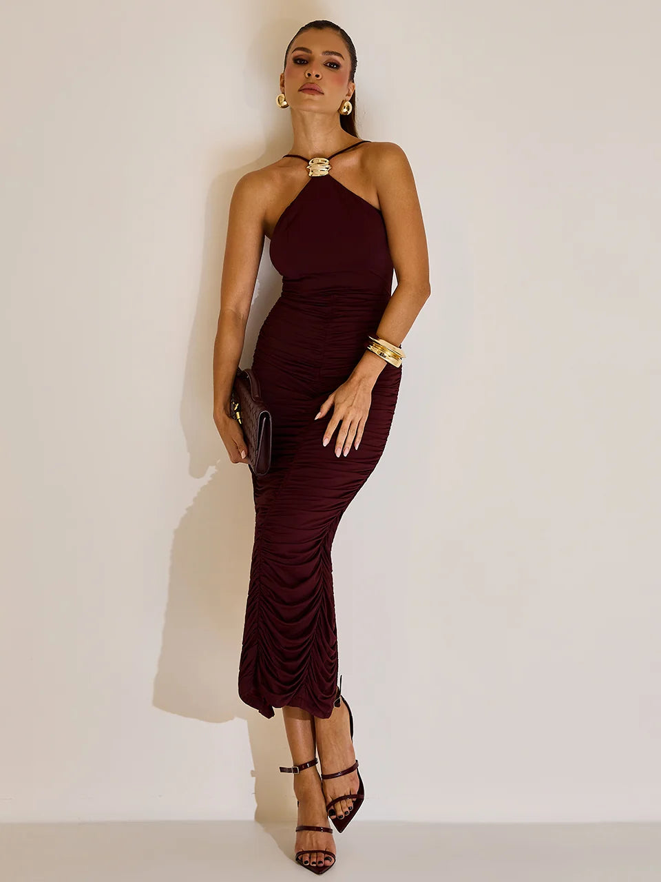 Vestido Guilty Midi Justo em Malha Vinho com Drapeado