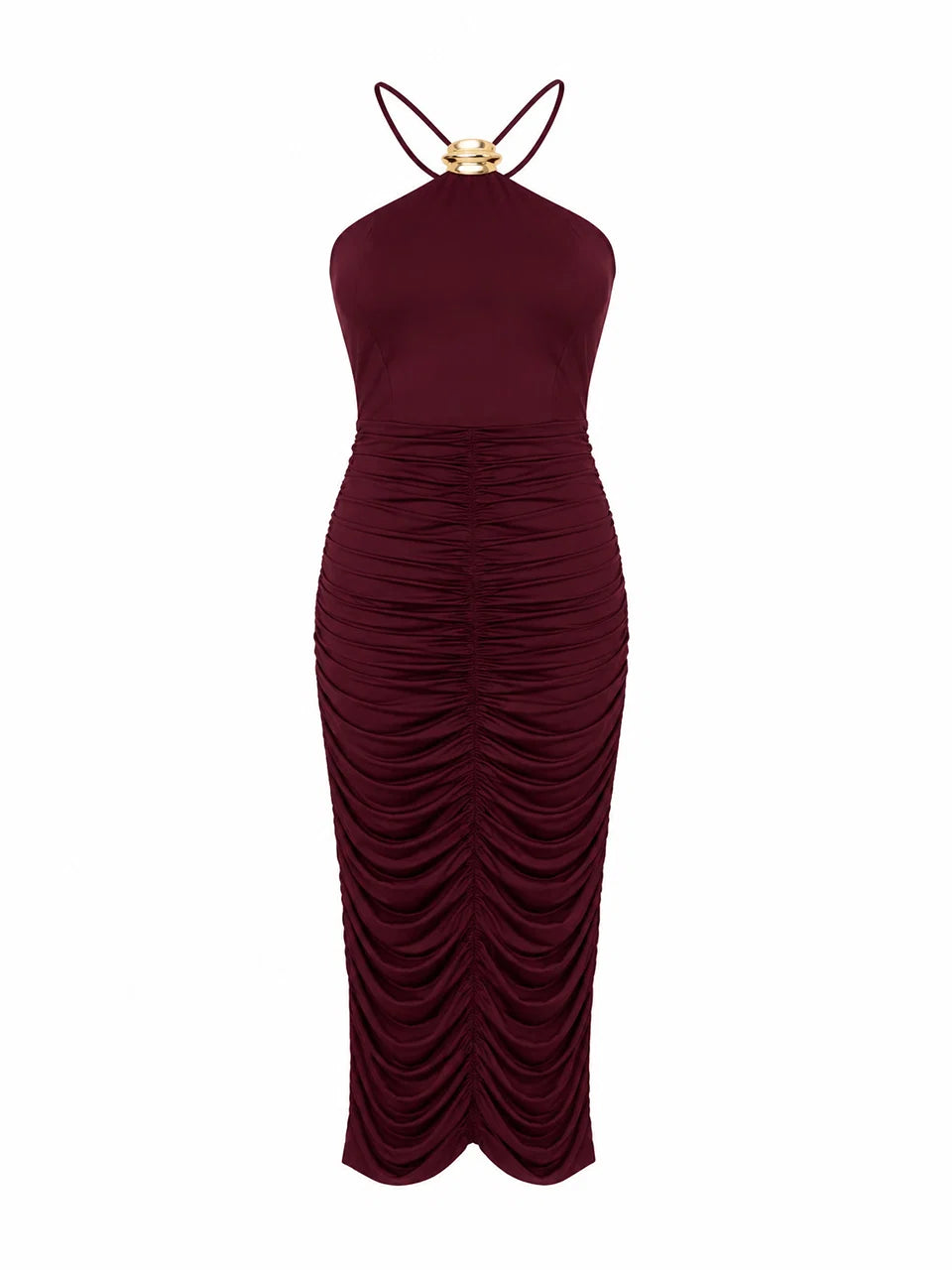 Vestido Guilty Midi Justo em Malha Vinho com Drapeado
