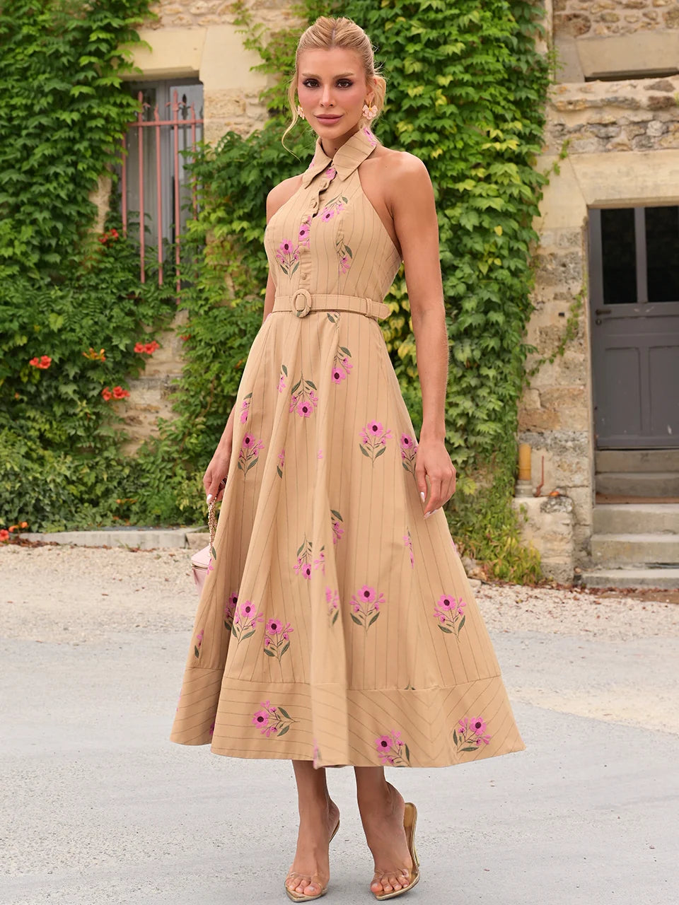 Vestido Helena Midi de Tricoline Listrada Bege