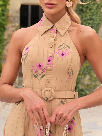 Vestido Helena Midi de Tricoline Listrada Bege