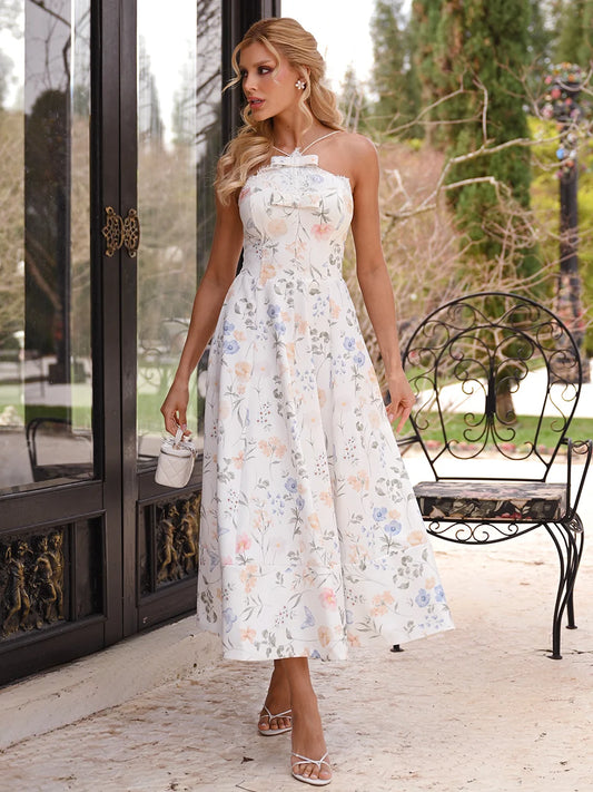 Vestido Hortênsia Midi Off-white Floral em Crepe