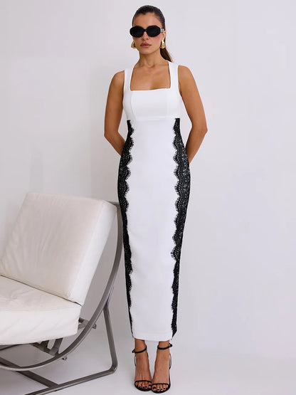 Vestido Houston Midi Justo em Crepe Off-white com Renda Chantilly